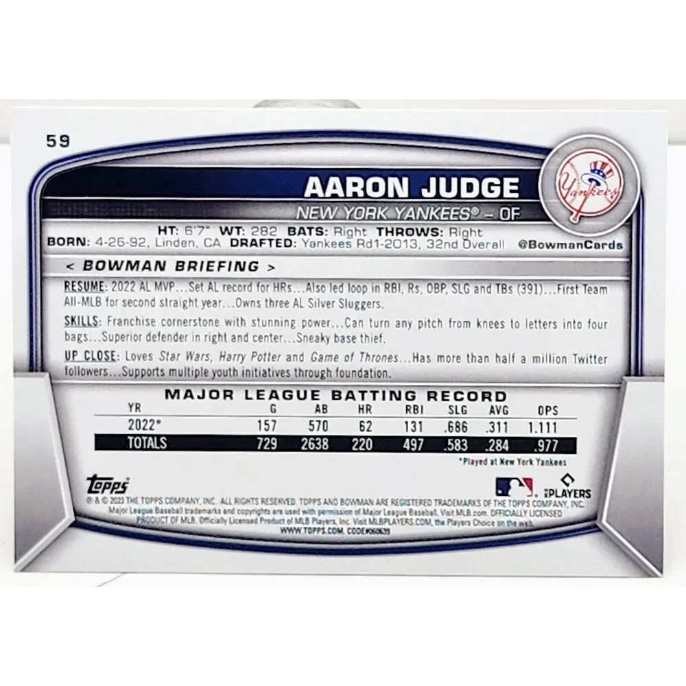 2023 Bowman Base #59 Aaron Judge - New York Yankees